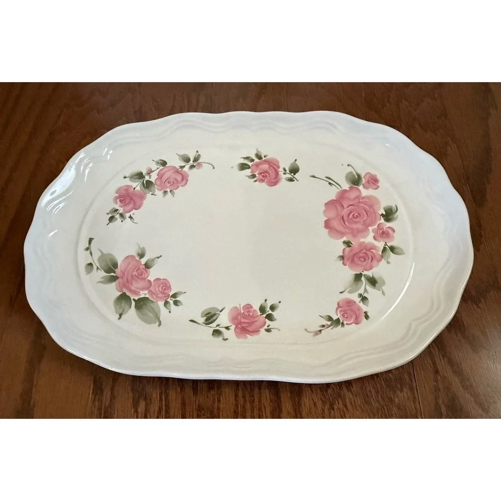 Vintage Gibson Roseland Stoneware Oval  Platter White Pink Floral 13" - Picture 2 of 6